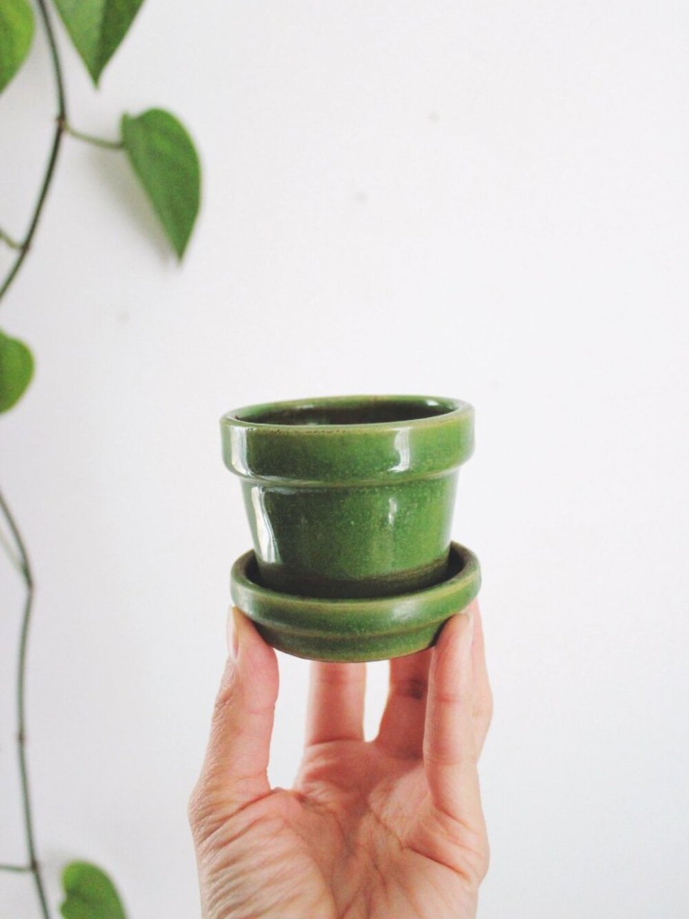 Vintage Glazed Green Ceramic Planter Small Mini Flower Pot Saucer Mid Century Mo